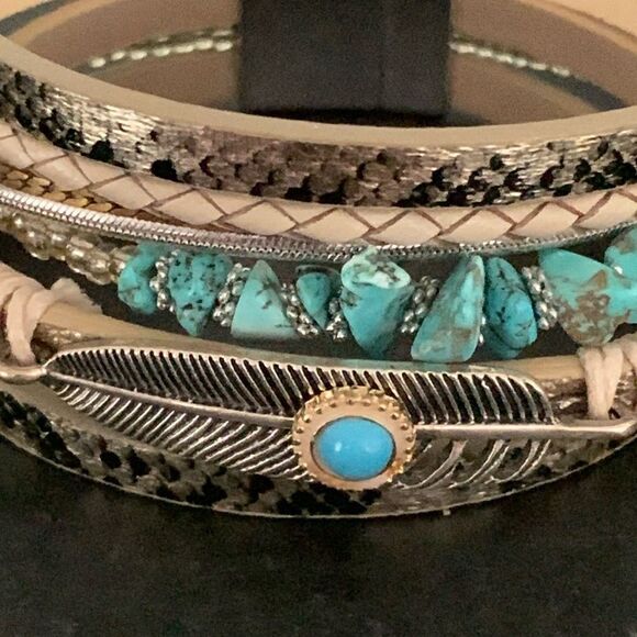 Western Boho Bracelet | Gold Layered Cuff with Faux Turquoise Stones & Feather - Picture 4 of 8